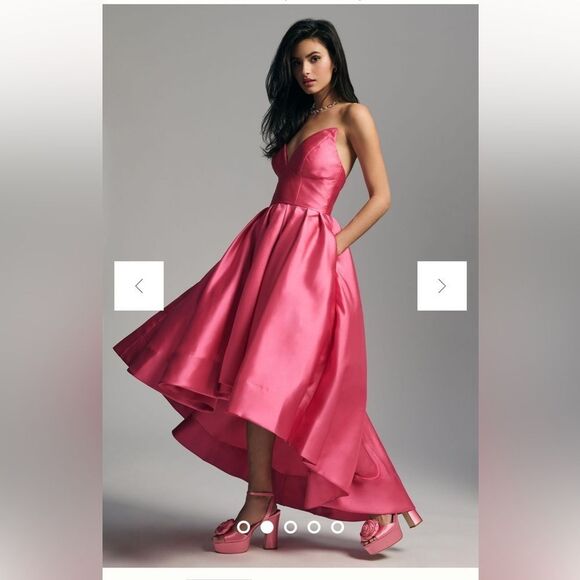 By Anthropologie Hutch Sabrina Strapless V-Neck Pleated High-Low Gown Pink 4P